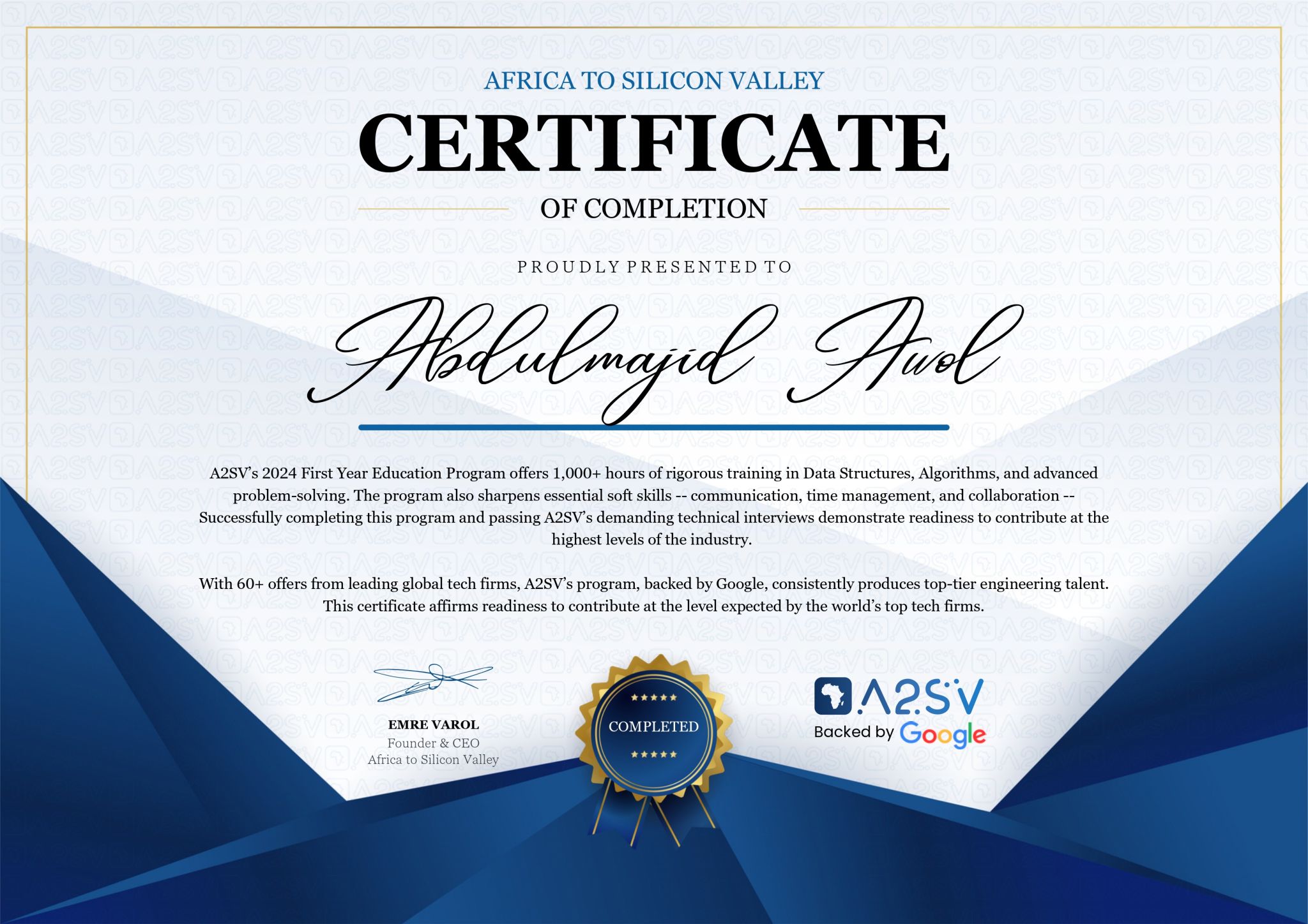 A2SV Program Completion Certificate certificate