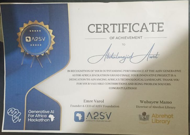 A2SV Generative AI Hackathon Top 9 certificate